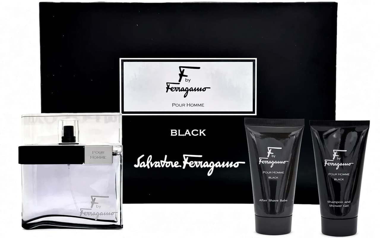 Coffret Salvatore Ferragamo-F by Ferragamo Black-Eau de Toilette-100ml + shampooing et Gel Douche-75ml + Baume après-rasage-75ml (3 Pièces)