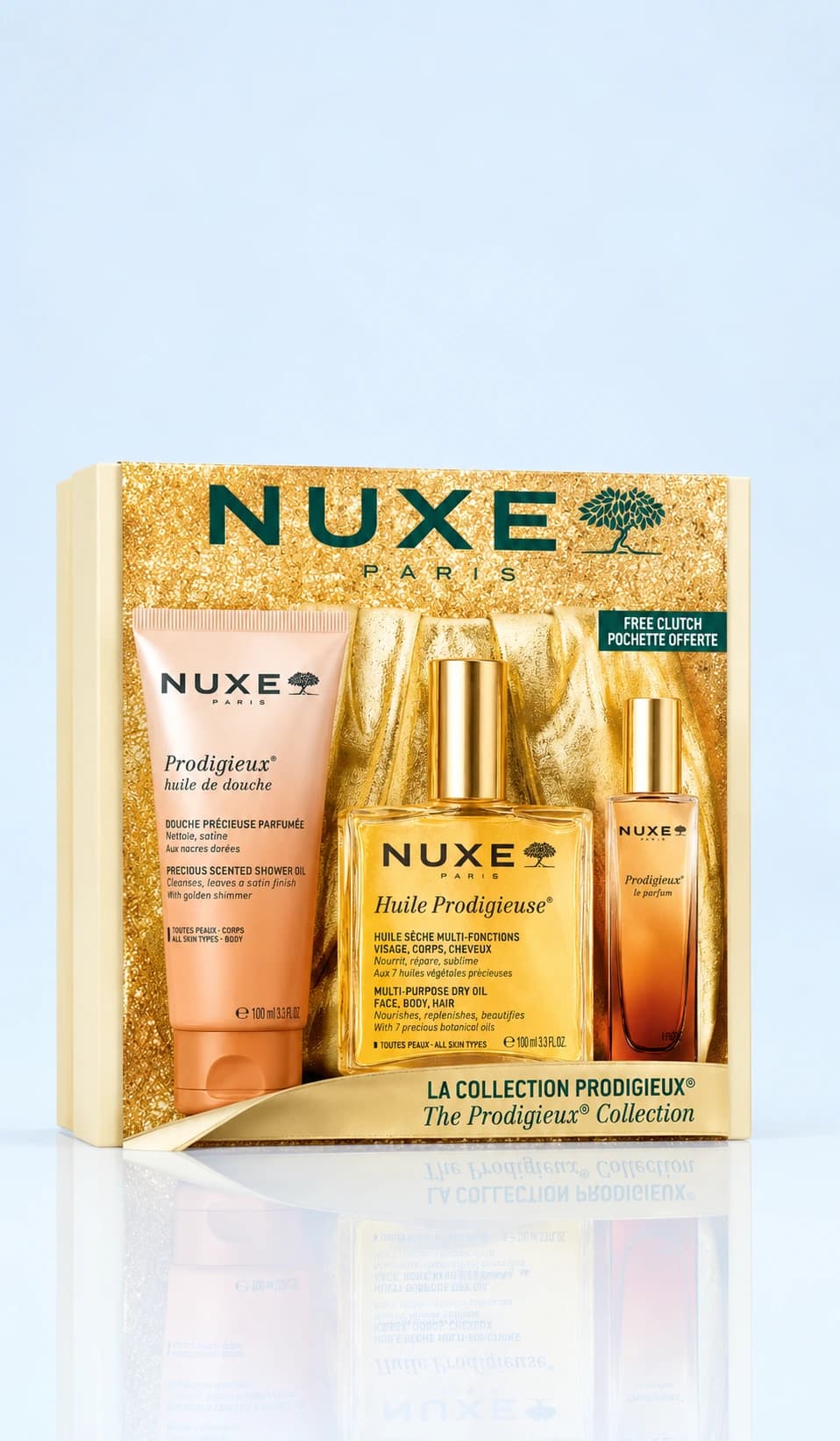 Coffret Nuxe-Huile Prodigieuse-100ml+Huile de Douche-100ml+Le Parfum-15ml+Pochette Dorée (4 pièces)