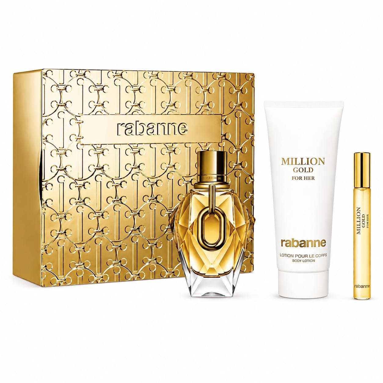 Coffret Rabanne-Million Gold For Her-Eau de Parfum-90ml + Lotion Pour Corps-100ml + eau de Parfum-10ml (3 pièces)